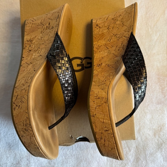 Size 12 UGG Natassia Metallic Basket Cork Flip Flop Wedge Sandals - Picture 6 of 10